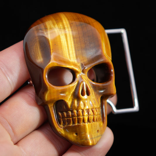 Gem Skull Buckle of Gold Tiger's Eye Carved Skull with Genuine Leather - 0500010