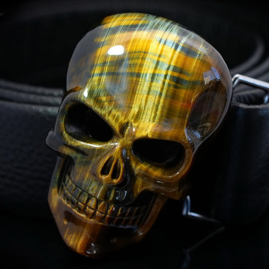 Gem Skull Buckle of Blue & Gold Tiger's Eye Carved Skull with Genuine Leather - 0500011