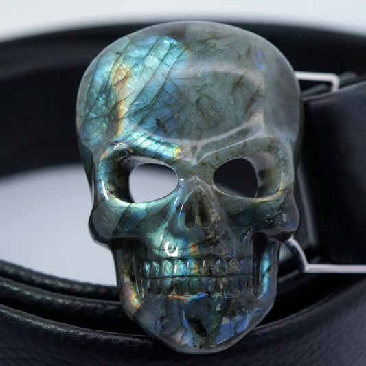 Gem Skull Buckle of Labradorite Carved Skull with Genuine Leather - 0500012