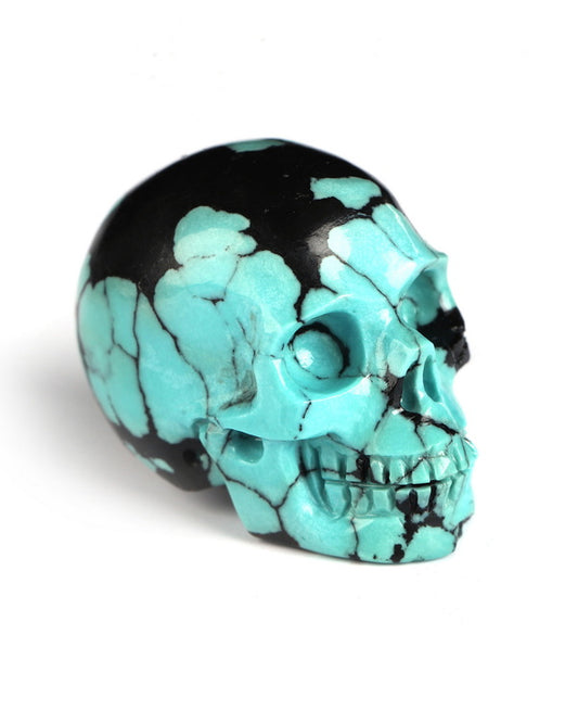 Nice 1.1" Spiderweb Turquoise Carved Gem Skull, Skullis Realistic - 0500067
