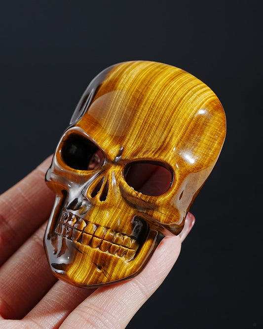 Super Flash Gem Skull Buckle of Gold Tiger's Eye Carved Skull with Genuine Leather - 0800014