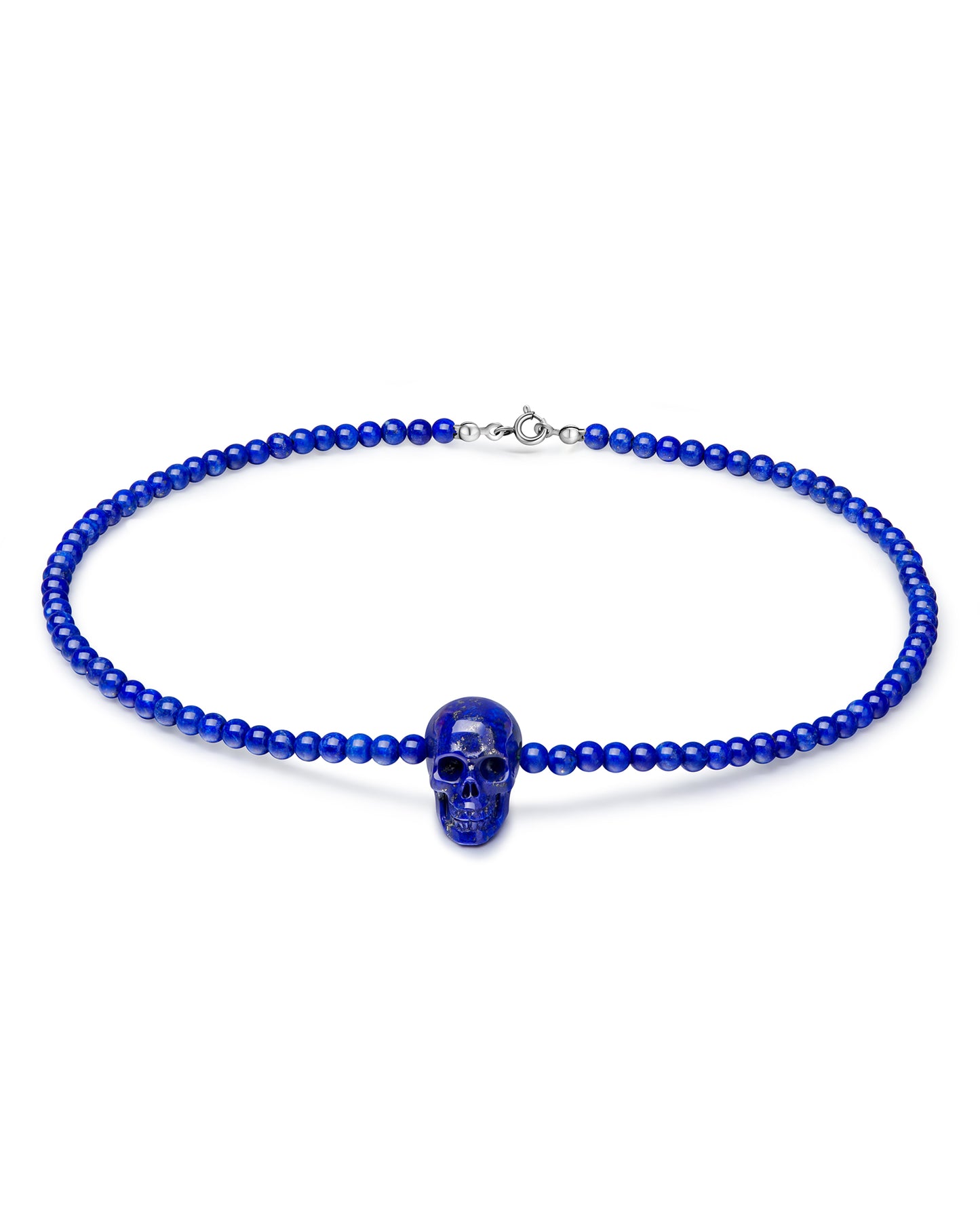 Lapis Lazuli Crystal Skull & Beads Necklace with Silver Clasp Bail
