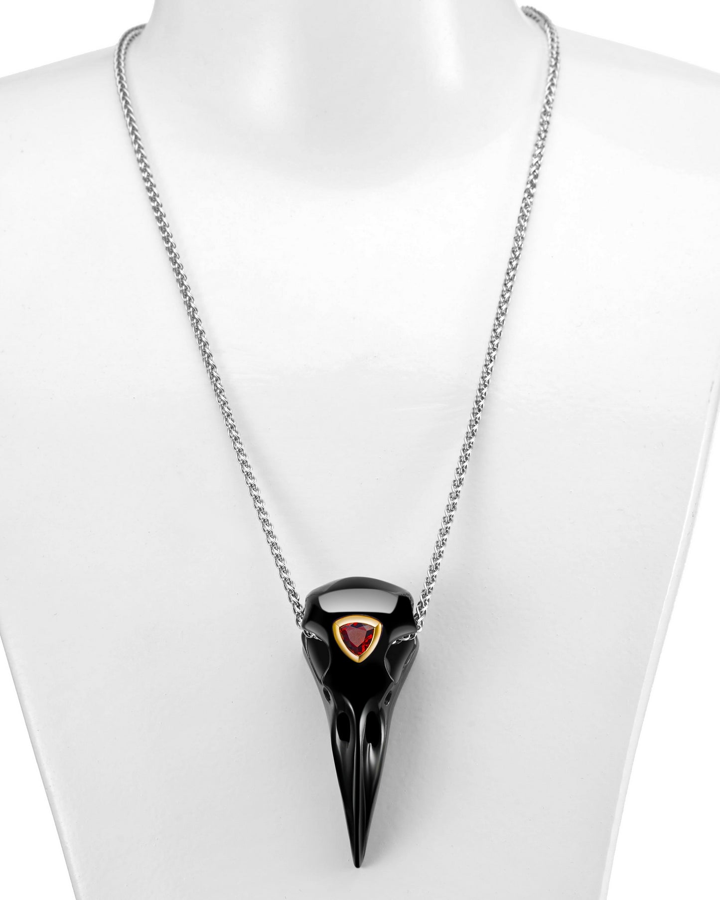 Black Obsidian Crystal Raven Pendant with Garnet Eye