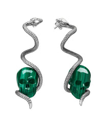 The Coil of Fate - Gem Skull Earrings of Malachite Carved Skull with 925 Sterling Silver Snake
