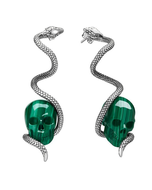 Gem Skull Earrings of Malachite Carved Skull with 925 Sterling Silver Snake
