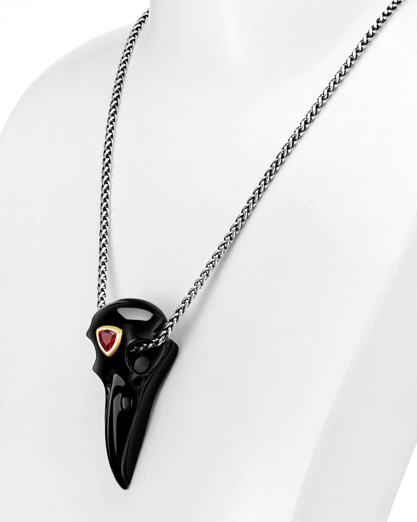 Black Obsidian Crystal Raven Pendant with Garnet Eye