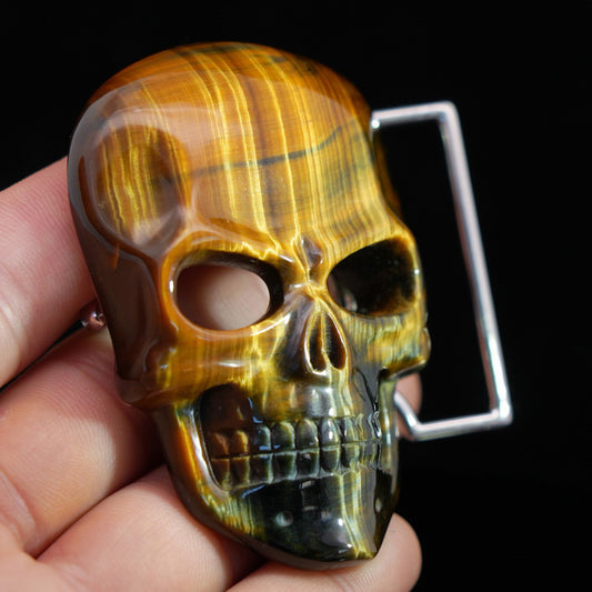 Gem Skull Buckle of Blue & Gold Tiger's Eye Carved Skull with Genuine Leather - 9500111