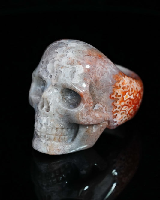 Gem Skull Ring of Red Crazy Lace Agate Carved Skull, US size 12 - 9500196