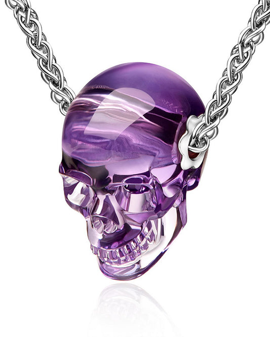 Skullis Signature Amethyst Gem Skull Pendant or Necklace, Hand Carved, Sterling Silver 925 Chain, for Women & Men