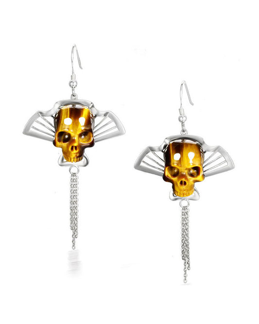 Gem Skull Earrings of Gold Tiger Eye Carved Skull in 925 Sterling Silver