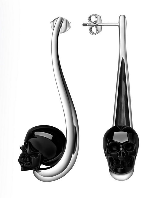 Gem Skull Earrings of Black Obsidian Carved Skull in 925 Sterling Silver