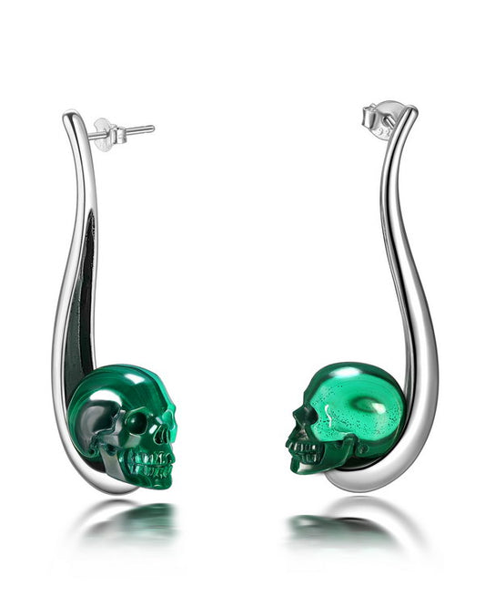 Gem Skull Earrings of Malachite Carved Skull in 925 Sterling Silver