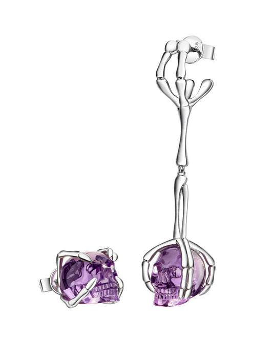 Gem Skull Earrings of Amethyst Carved Skull in 925 Sterling Silver