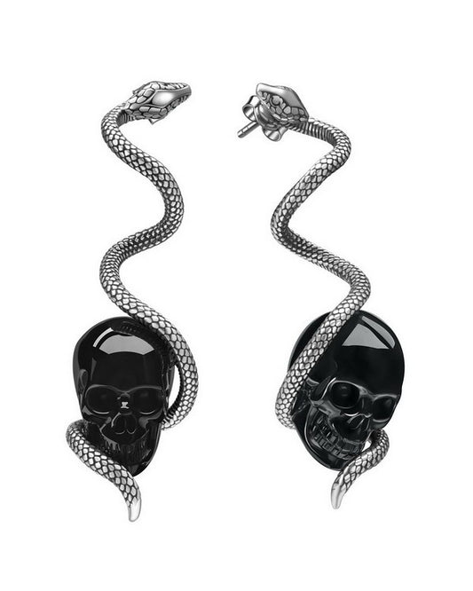 Gem Skull Earrings of Black Obsidian Carved Skull with 925 Sterling Silver Snake