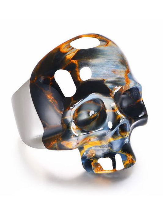Skullis Signature Pietersite Gem Skull Ring, Hand Carved, Sterling Silver, for Women & Men