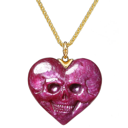 Heart---Gem Skull Pendant Necklace of Ruby Carved Skull with 18K Gold & 18K Gold Plated Sterling Silver Chain - 0813532