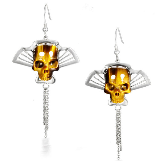 Gem Skull Earrings of Gold Tiger Eye Carved Skull in 925 Sterling Silver