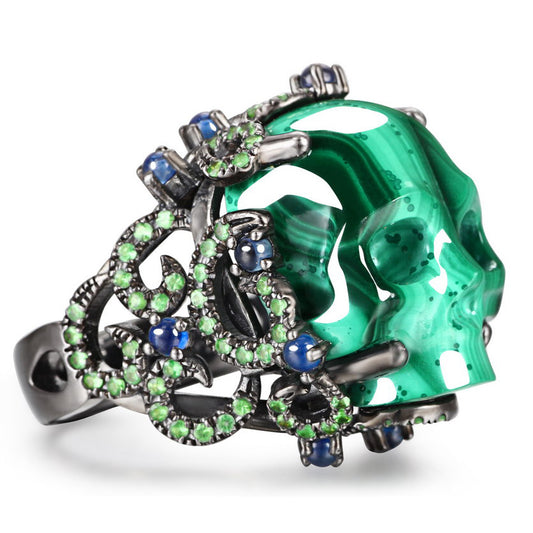 Gem Skull Ring of Malachite Crystal Carved Skull with Sapphire & Tsavorite in 925 Sterling Silver, US Size 7
