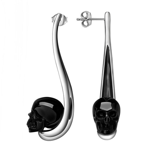 Gem Skull Earrings of Black Obsidian Carved Skull in 925 Sterling Silver