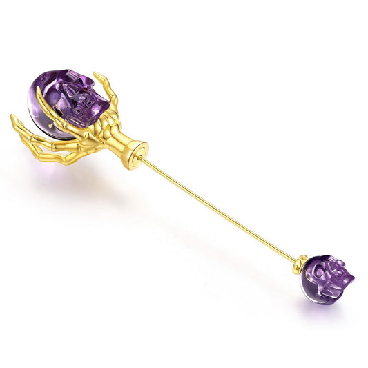 Gem Skull Brooch of Amethyst Carved Skull with Skeleton Hand in 18K Gold-Plated 925 Sterling Silver