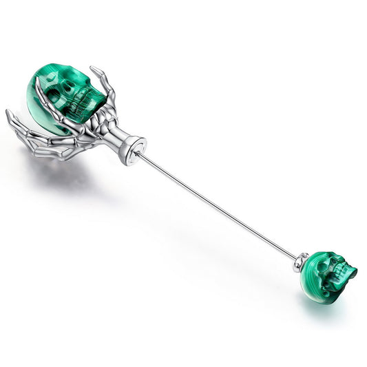 Gem Skull Brooch of Malachite Carved Skull with Skeleton Hand in 925 Sterling Silver