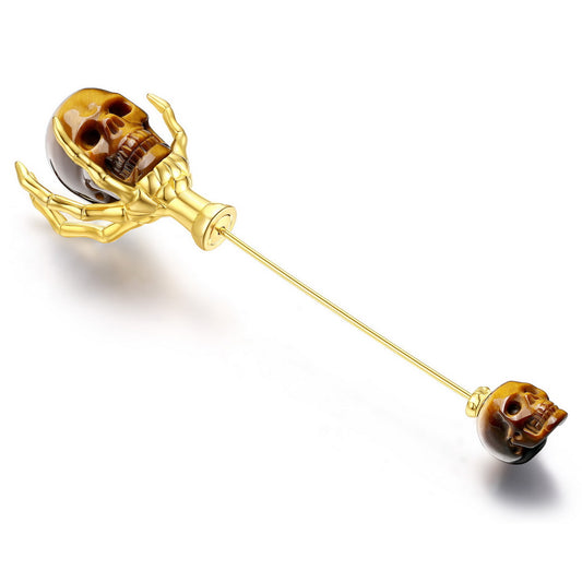 Gem Skull Brooch of Gold Tiger's Eye Carved Skull with Skeleton Hand in 18K Gold-Plated 925 Sterling Silver