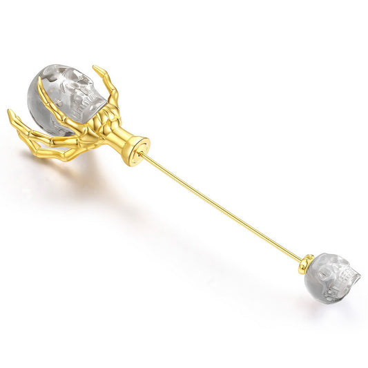 Gem Skull Brooch of Quartz Rock Crystal Carved Skull with Skeleton Hand in 925 Sterling Silver