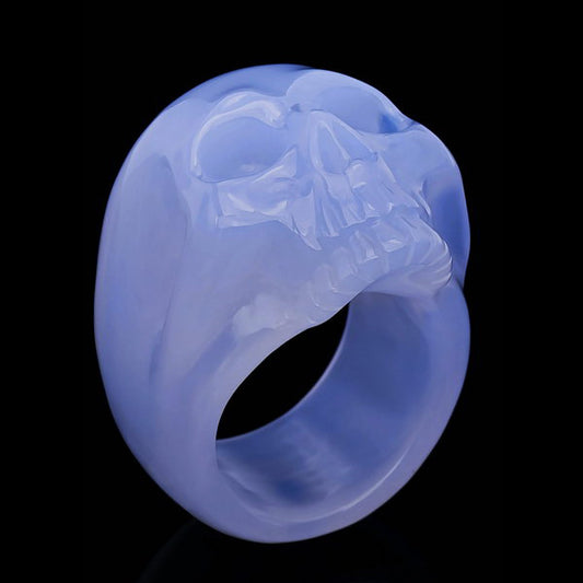 Whole Gem Skull Ring, Blue Chalcedony Carved Totally