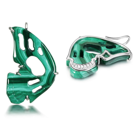 Gem Skull Earrings of Malachite Butterfly Carved Skull in 925 Sterling Silver