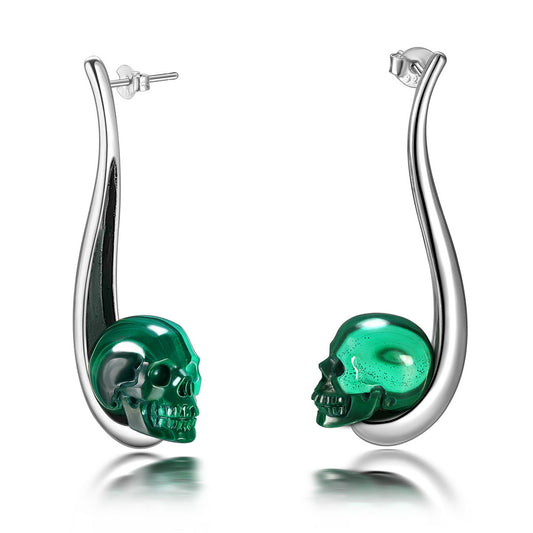Gem Skull Earrings of Malachite Carved Skull in 925 Sterling Silver