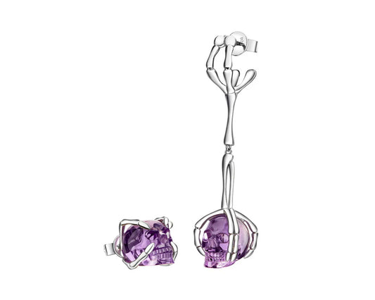 Gem Skull Earrings of Amethyst Carved Skull in 925 Sterling Silver