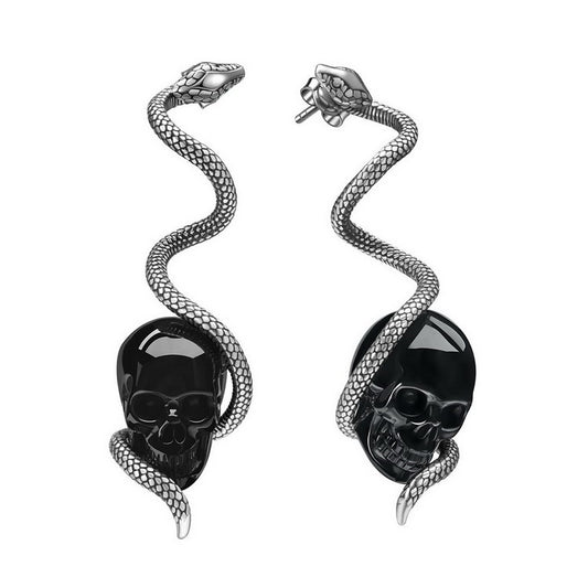 Gem Skull Earrings of Black Obsidian Carved Skull with 925 Sterling Silver Snake