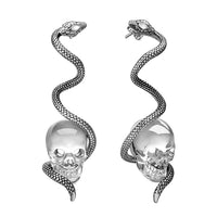 The Coil of Fate - Gem Skull Earrings of Quartz Rock Crystal Carved Skull with 925 Sterling Silver Snake
