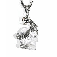 The Serpent’s Oath - Gem Skull Pendant Necklace of Quartz Rock Crystal Carved Skull with 925 Sterling Silver Snake