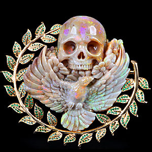 Gem Skull Brooch of Australian Opal Carved Skull with Dove & Flowers in 18K Gold inlaid Tsavorite - IW0000627