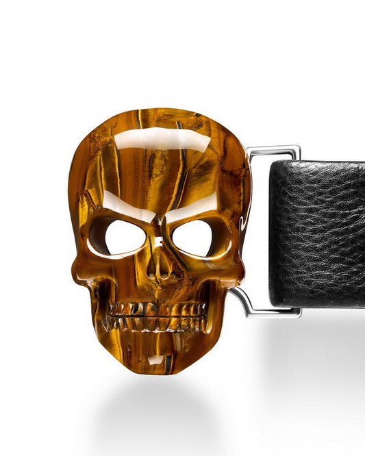 Gem Skull Buckle of Tiger Iron Eye Carved Skull with Genuine Leather