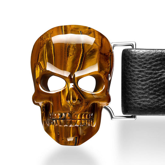 Gem Skull Buckle of Tiger Iron Eye Carved Skull with Genuine Leather