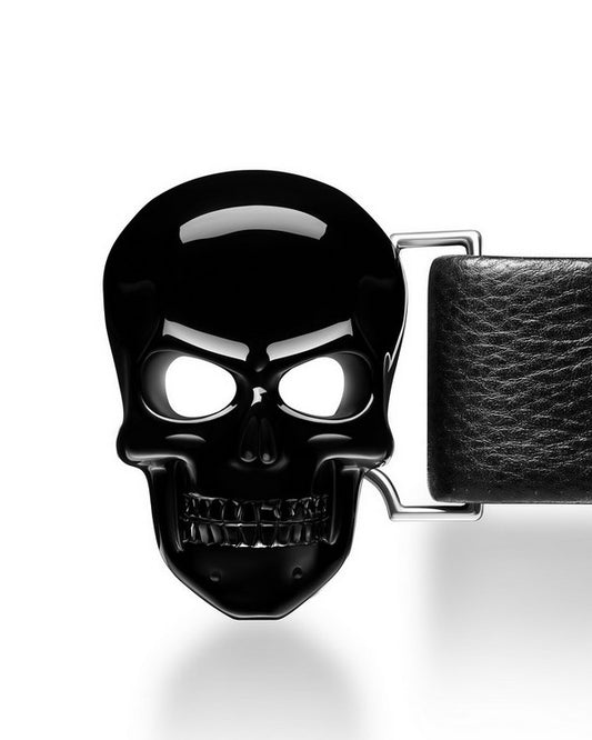Gem Skull Buckle of Black Obsidian Carved Skull with Genuine Leather