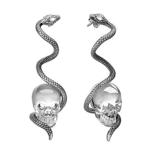Gem Skull Earrings of Quartz Rock Crystal Carved Skull with 925 Sterling Silver Snake