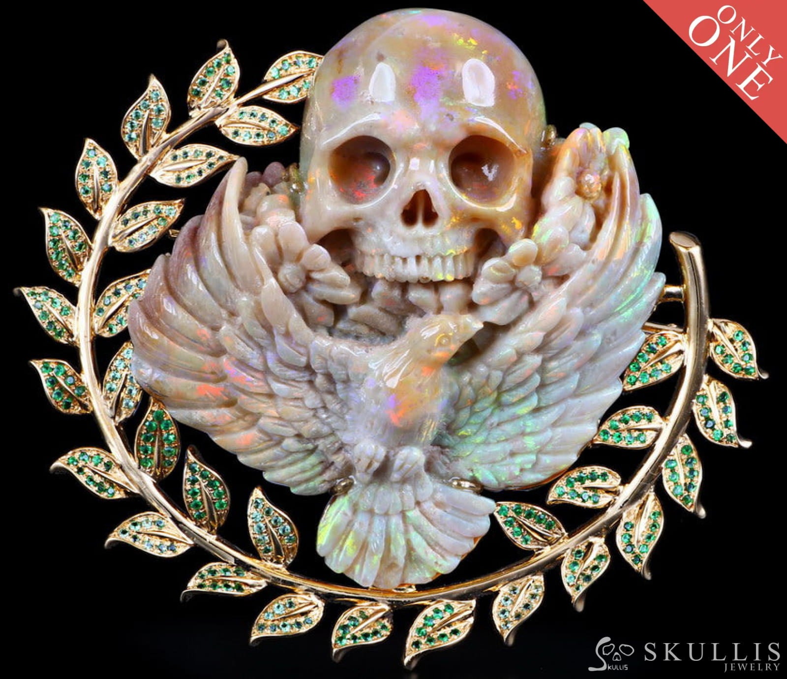 Gem Skull Brooch Of Australian Opal Carved With Dove & Flower In 18K Gold - Plated 925 Sterling