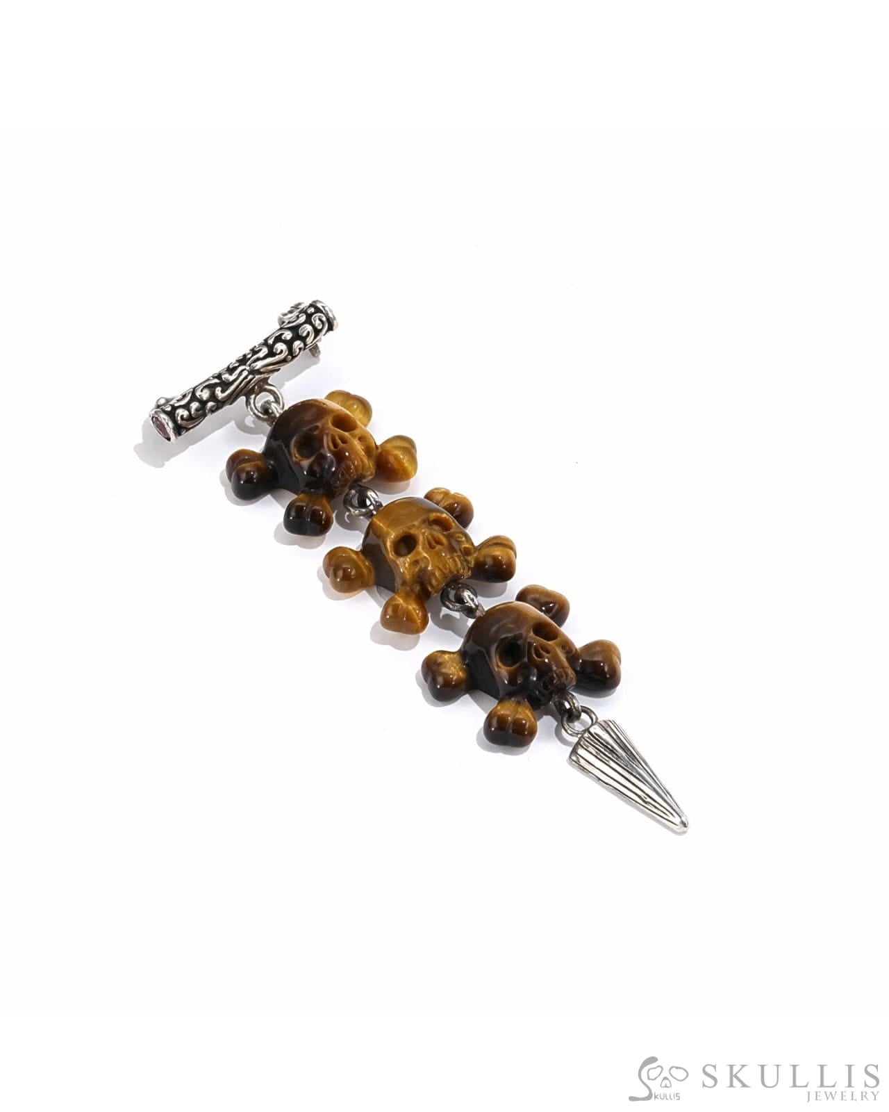 Gem Skull Pendant Necklace Of Gold Tiger’s Eye Carved Skull With Bail In 925 Sterling