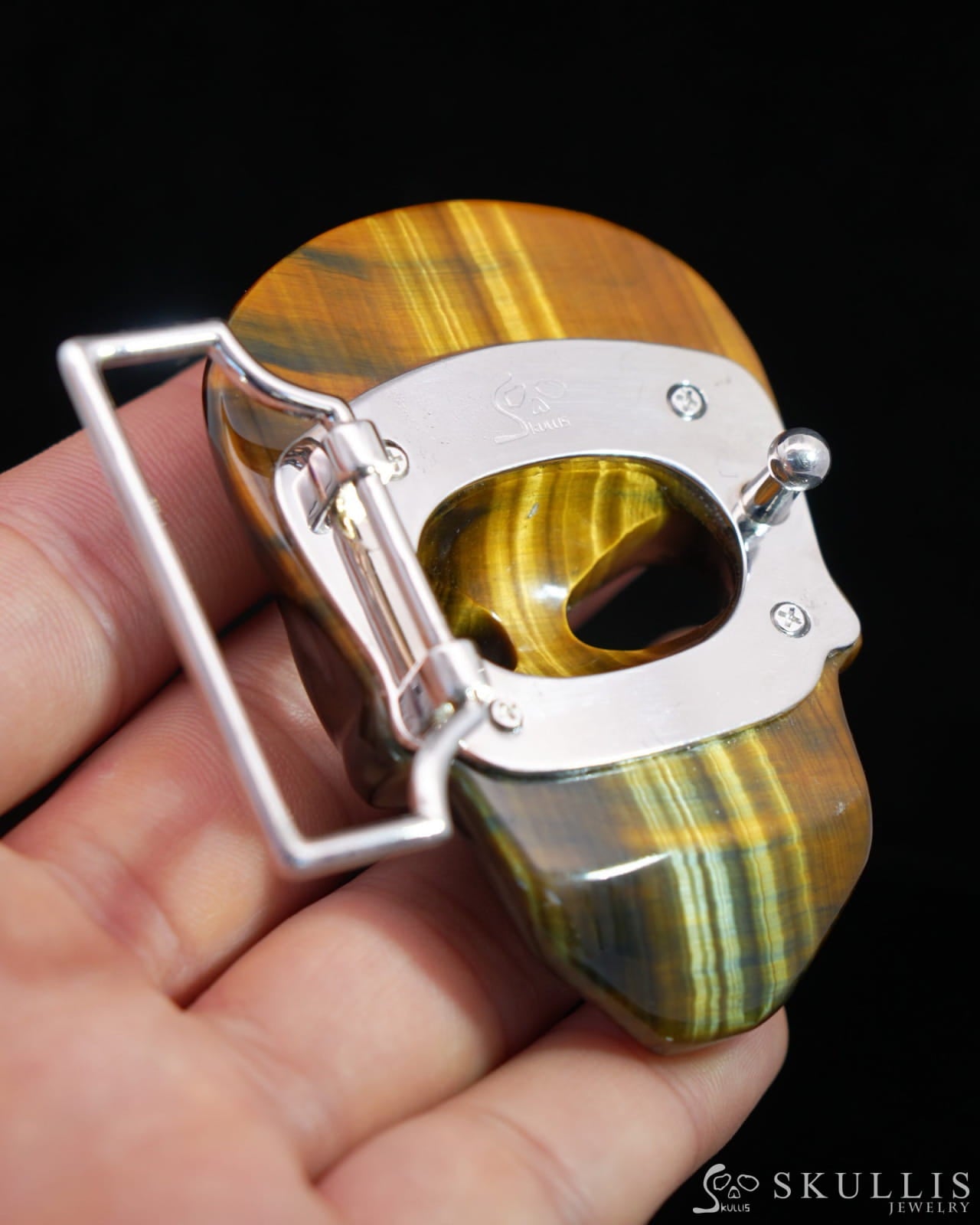 Gem Skull Buckle of Blue & Gold Tiger’s Eye Carved Skull with Genuine Leather - 9500111 Skull Buckles