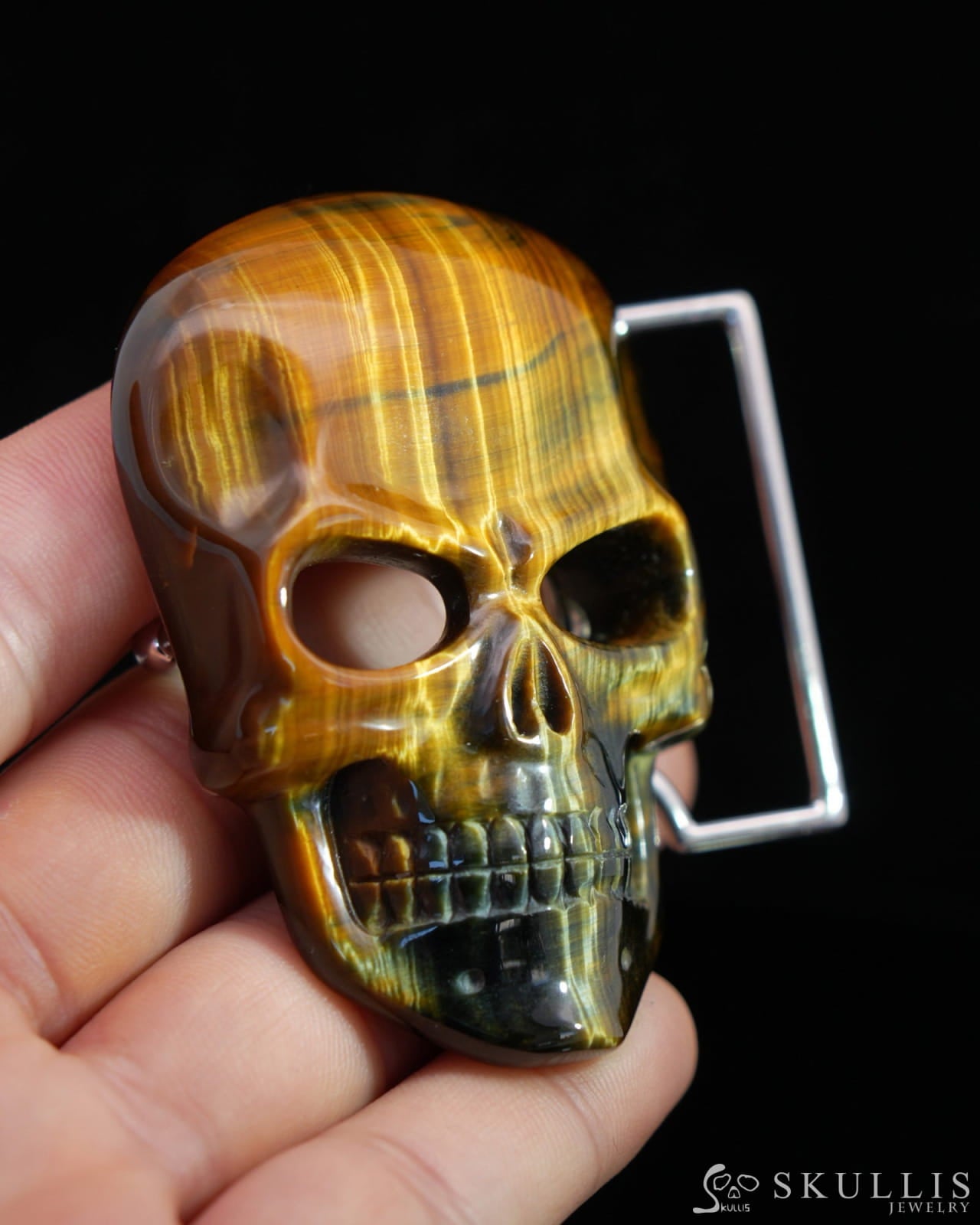 Gem Skull Buckle of Blue & Gold Tiger’s Eye Carved Skull with Genuine Leather - 9500111 Skull Buckles