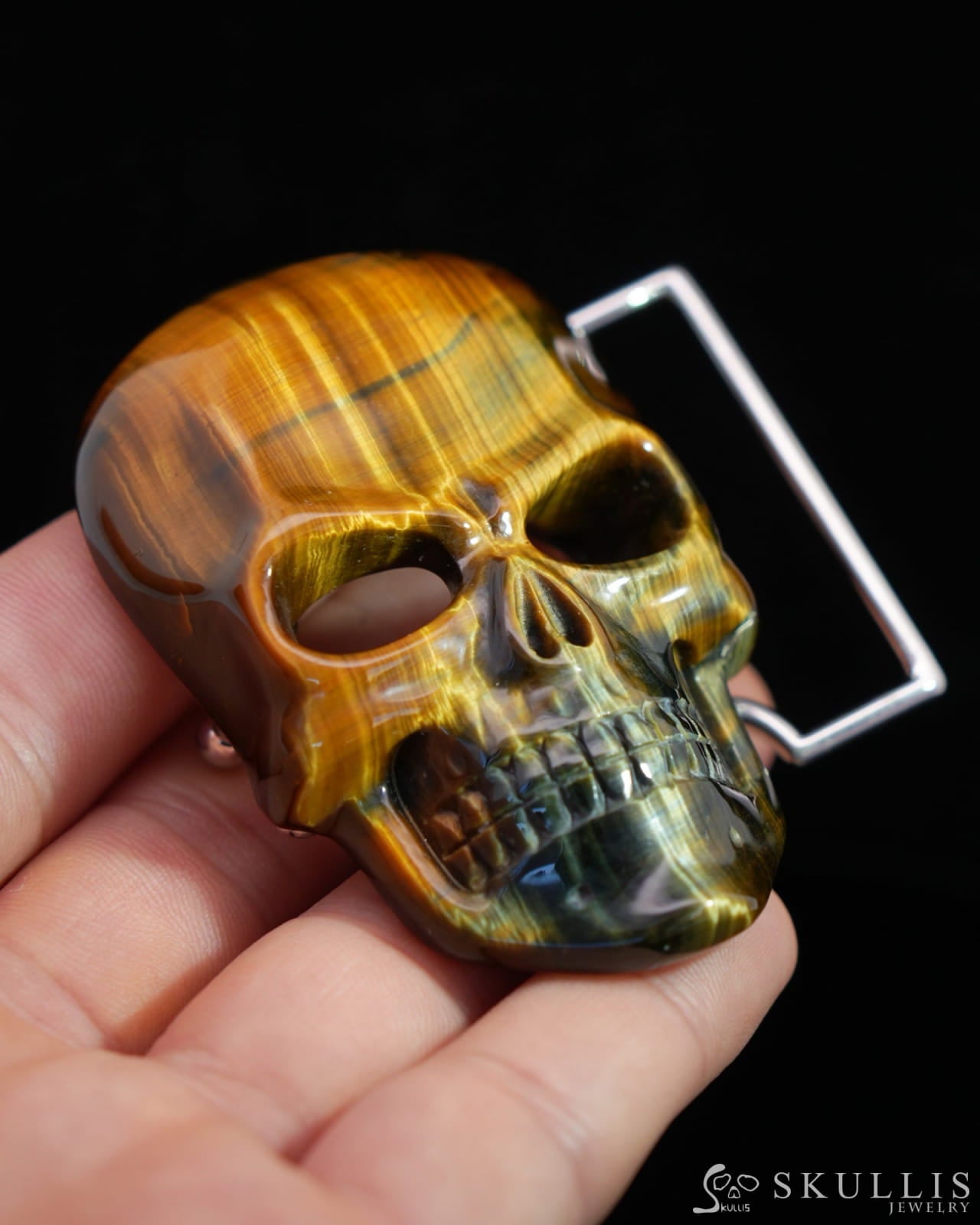 Gem Skull Buckle of Blue & Gold Tiger’s Eye Carved Skull with Genuine Leather - 9500111 Skull Buckles