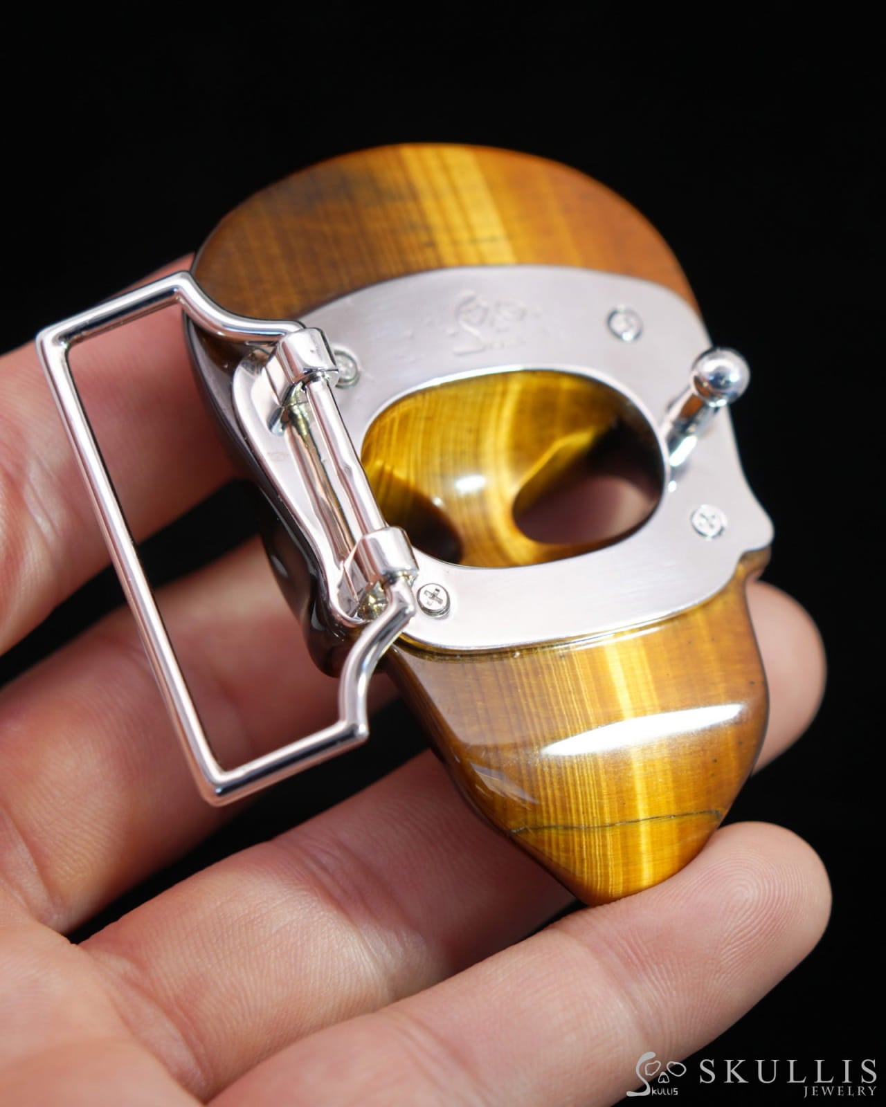 Gem Skull Buckle of Gold Tiger’s Eye Carved Skull with Genuine Leather - 0500010 Skull Buckles