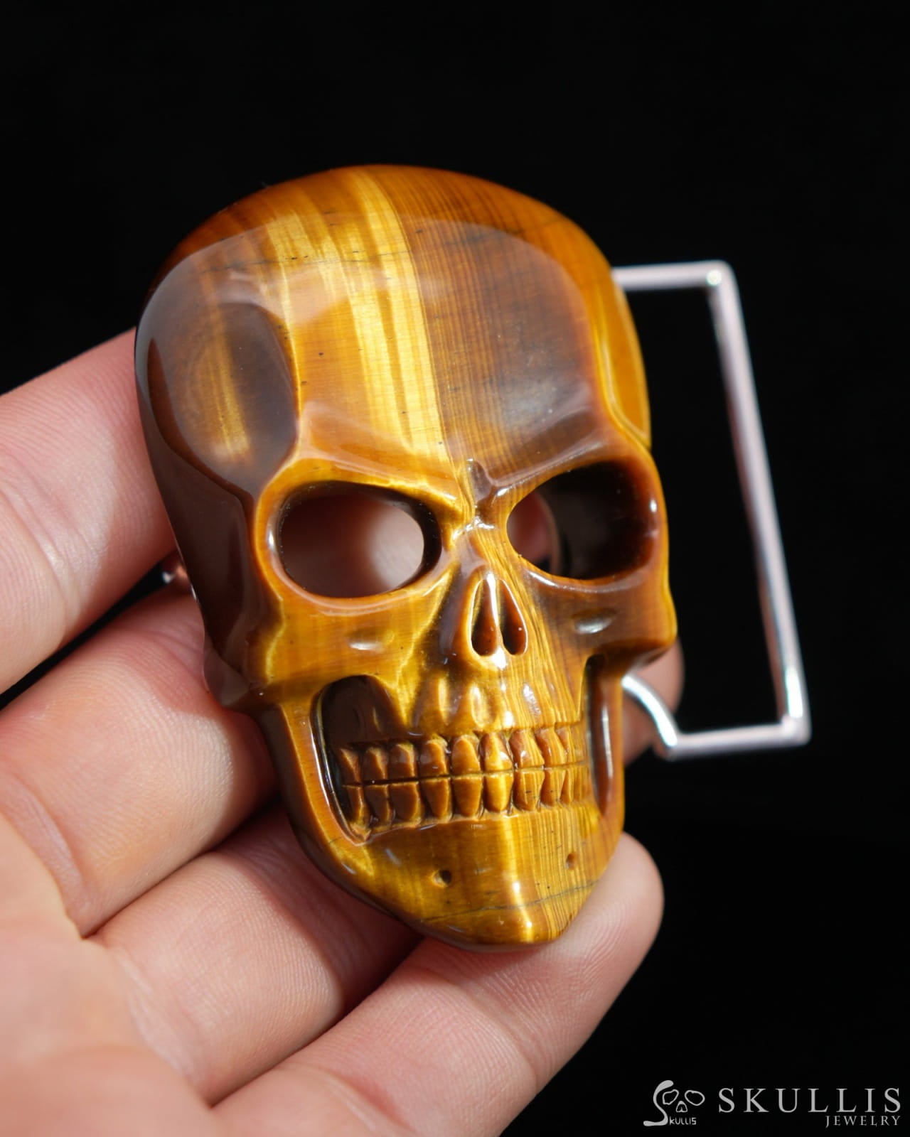 Gem Skull Buckle of Gold Tiger’s Eye Carved Skull with Genuine Leather - 0500010 Skull Buckles