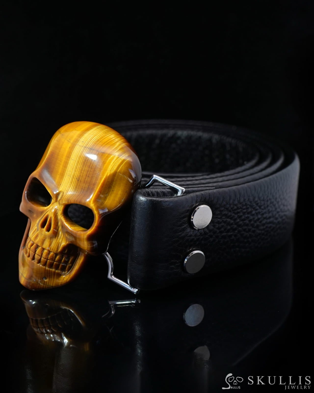 Gem Skull Buckle of Gold Tiger’s Eye Carved Skull with Genuine Leather - 0500010 Skull Buckles
