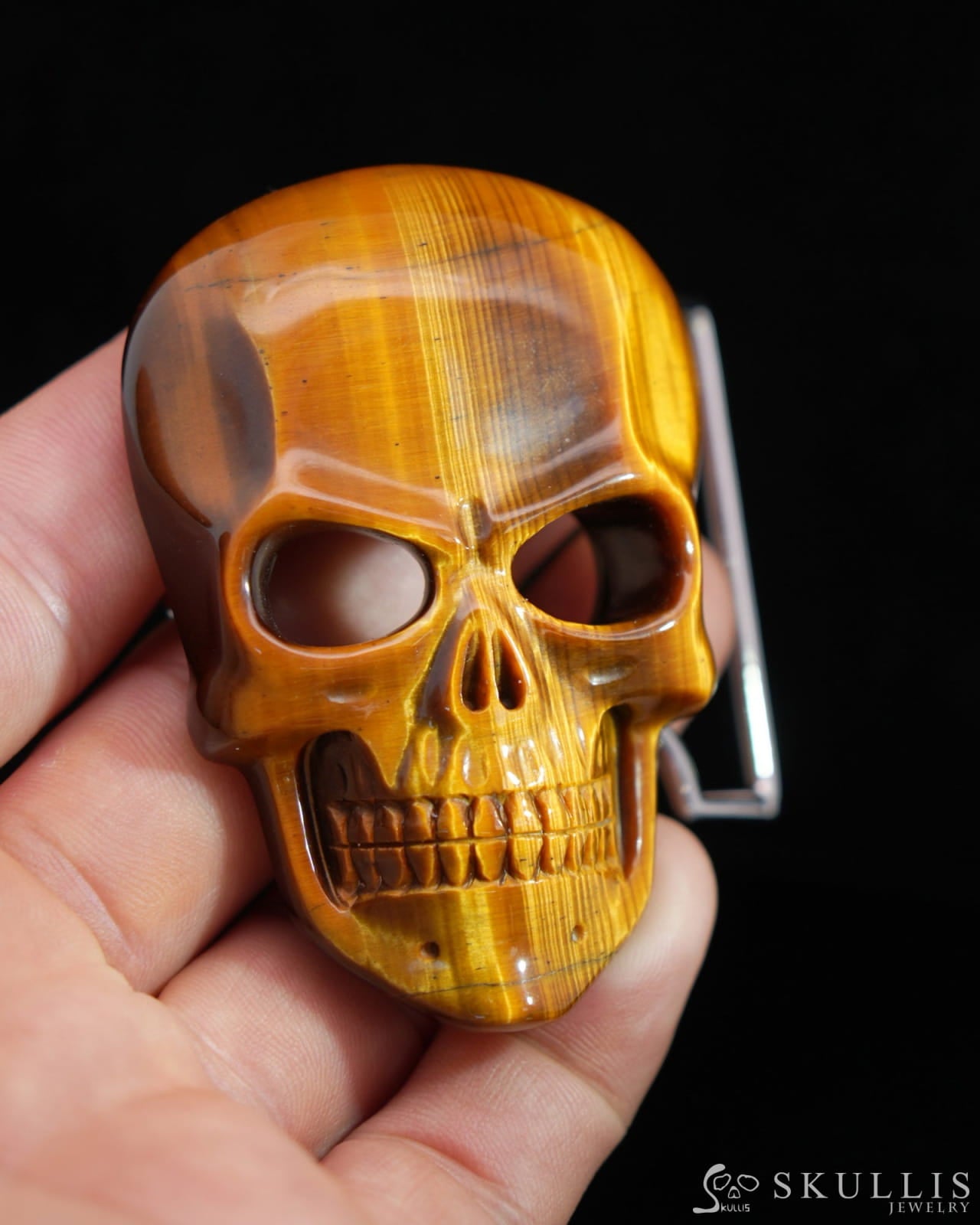 Gem Skull Buckle of Gold Tiger’s Eye Carved Skull with Genuine Leather - 0500010 Skull Buckles
