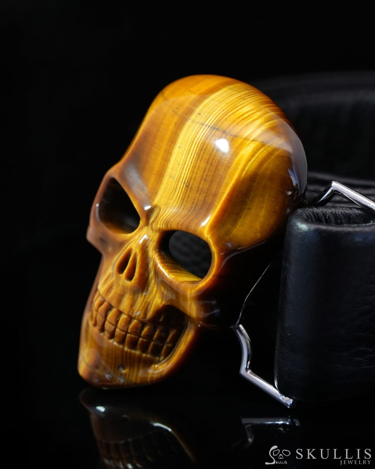 Gem Skull Buckle of Gold Tiger’s Eye Carved Skull with Genuine Leather - 0500010 Skull Buckles