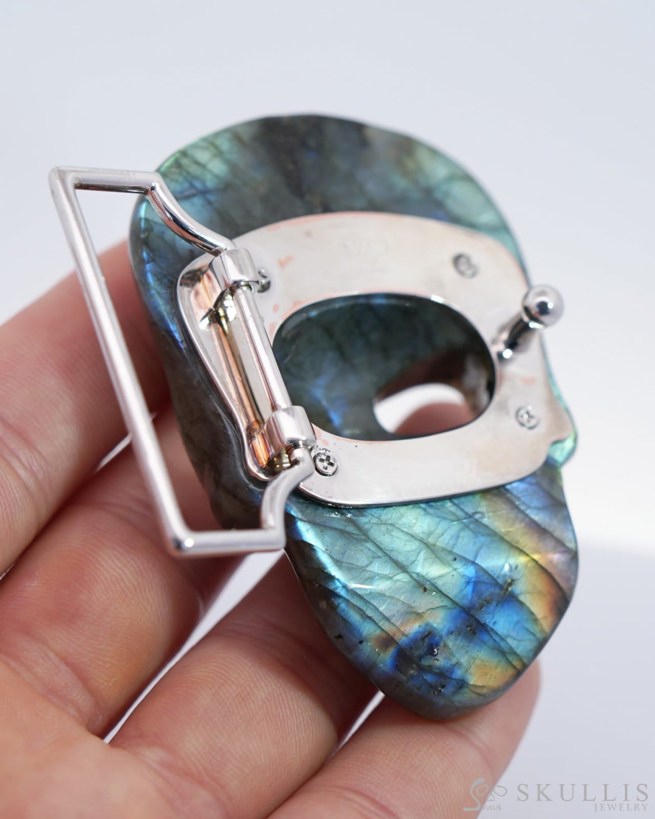 Gem Skull Buckle of Labradorite Carved Skull with Genuine Leather - 0500012 Skull Buckles